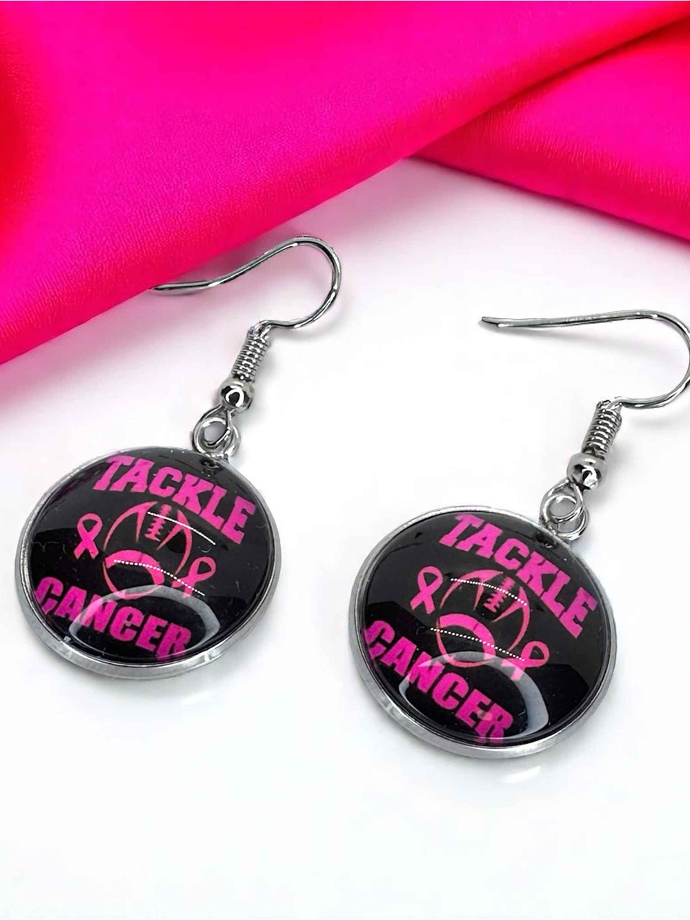 Tackle Cancer Breast Cancer Awareness Pink Ribbon Football Earrings NWT